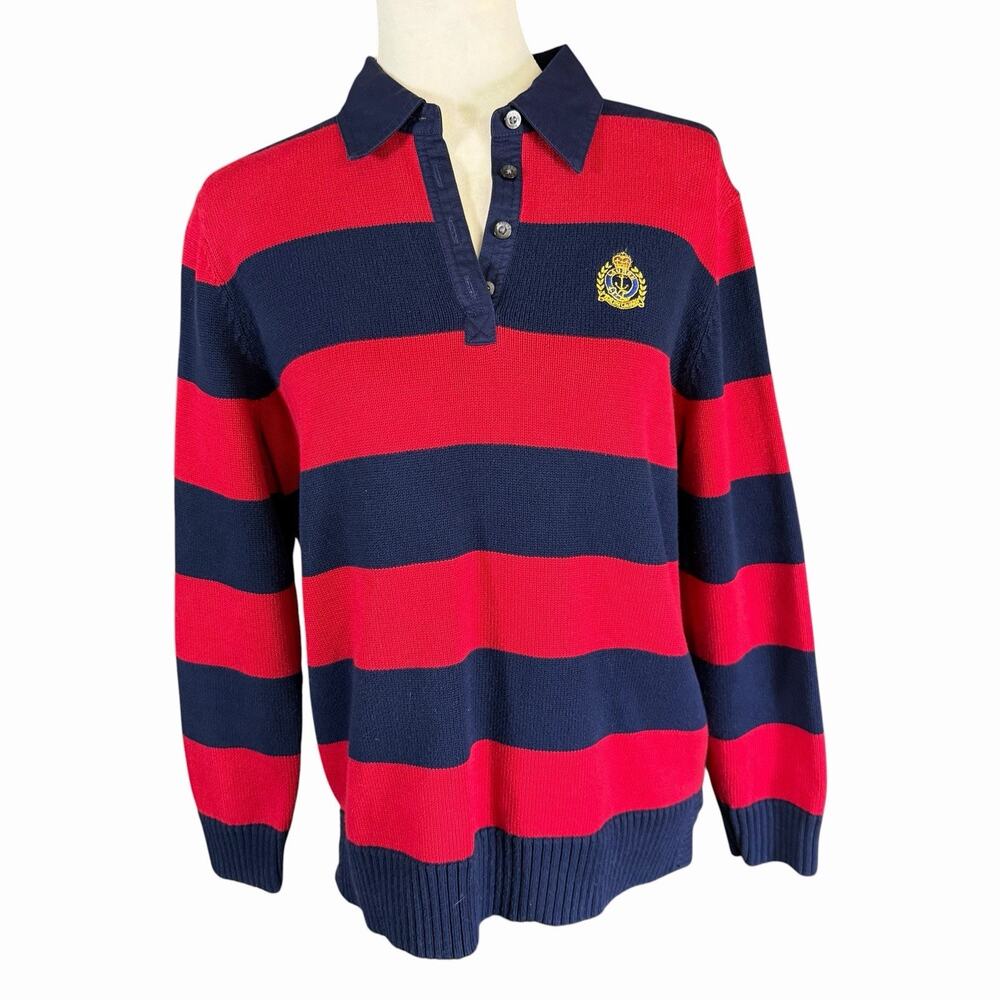 Vtg 90s Lauren Ralph Lauren Womens Crest Rugby Sweater Red Blue Stripes L Preppy